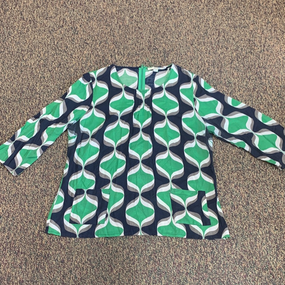 Boden women’s 12 Navy Cream & Green Abstract Wave Blouse Spring Coastal Preppy - Picture 2 of 11